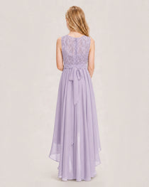 Lavender Junior Bridesmaid Dress Lace Bodice Asymmetrical Chiffon Floor-Length Gown Back View