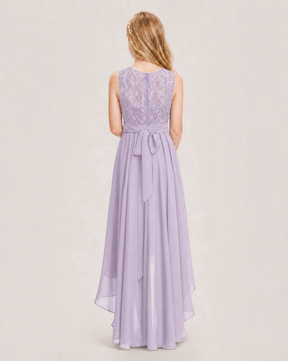 Lavender Junior Bridesmaid Dress Lace Bodice Asymmetrical Chiffon Floor-Length Gown Back View
