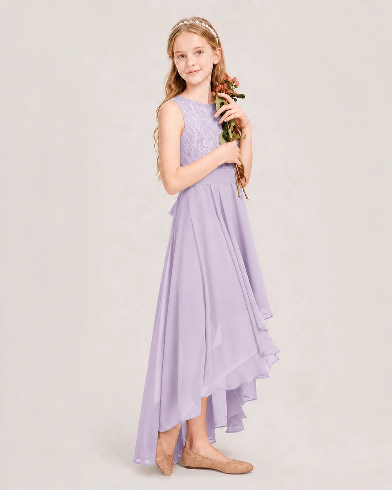 Lavender Junior Bridesmaid Dress Lace Bodice Asymmetrical Chiffon Floor-Length Gown Side View