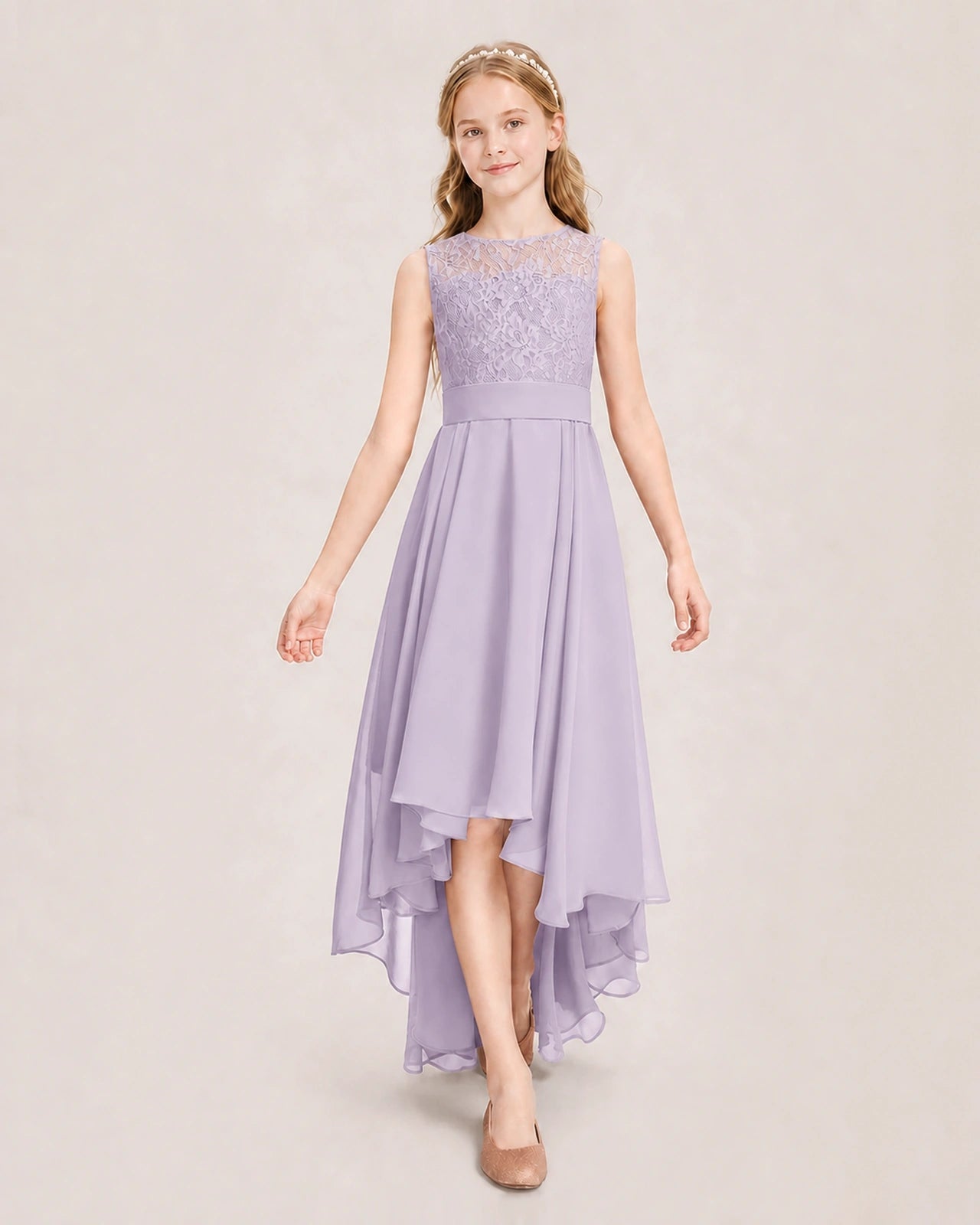 Lavender Junior Bridesmaid Dress Lace Bodice Asymmetrical Chiffon Floor-Length Gown Front View