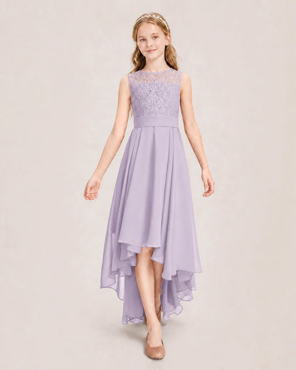 Lavender Junior Bridesmaid Dress Lace Bodice Asymmetrical Chiffon Floor-Length Gown Front View