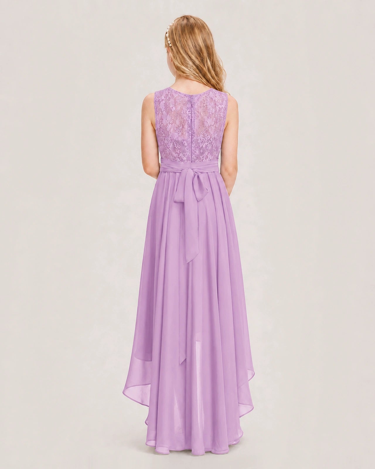 Lilac Junior Bridesmaid Dress Lace Bodice Asymmetrical Chiffon Floor-Length Gown Back View