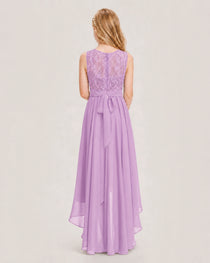 Lilac Junior Bridesmaid Dress Lace Bodice Asymmetrical Chiffon Floor-Length Gown Back View