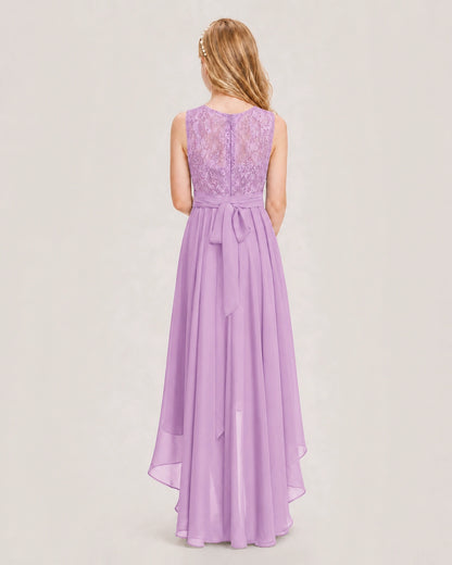 Lilac Junior Bridesmaid Dress Lace Bodice Asymmetrical Chiffon Floor-Length Gown Back View