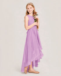Lilac Junior Bridesmaid Dress Lace Bodice Asymmetrical Chiffon Floor-Length Gown Side View
