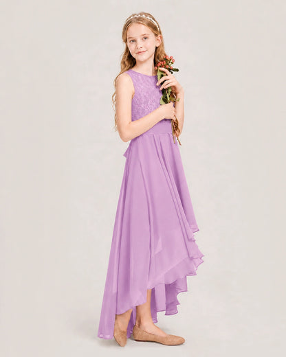 Lilac Junior Bridesmaid Dress Lace Bodice Asymmetrical Chiffon Floor-Length Gown Side View