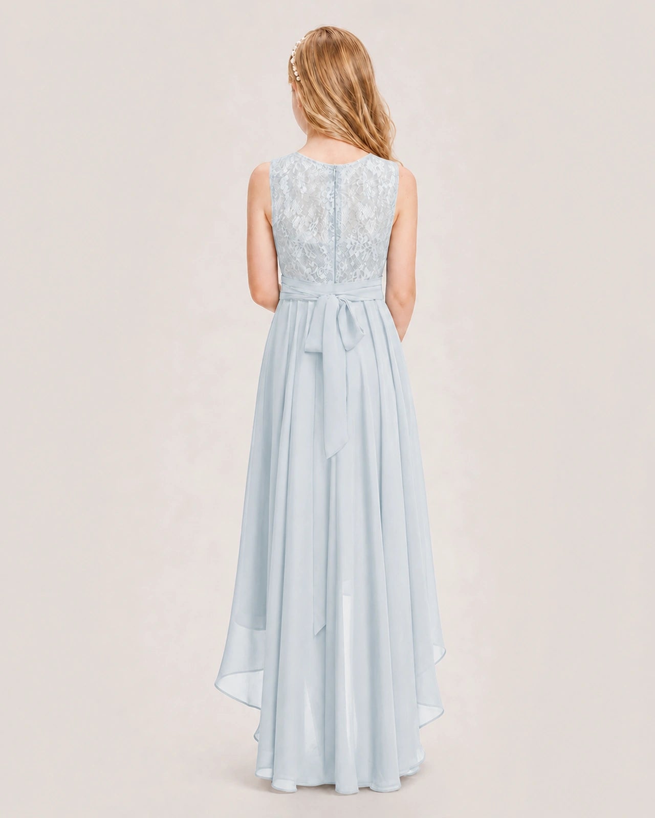 Mist Junior Bridesmaid Dress Lace Bodice Asymmetrical Chiffon Floor-Length Gown Back View