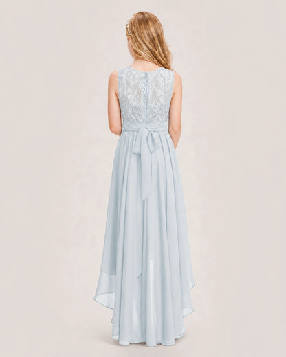 Mist Junior Bridesmaid Dress Lace Bodice Asymmetrical Chiffon Floor-Length Gown Back View