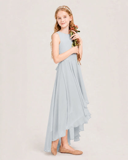Mist Junior Bridesmaid Dress Lace Bodice Asymmetrical Chiffon Floor-Length Gown Side View