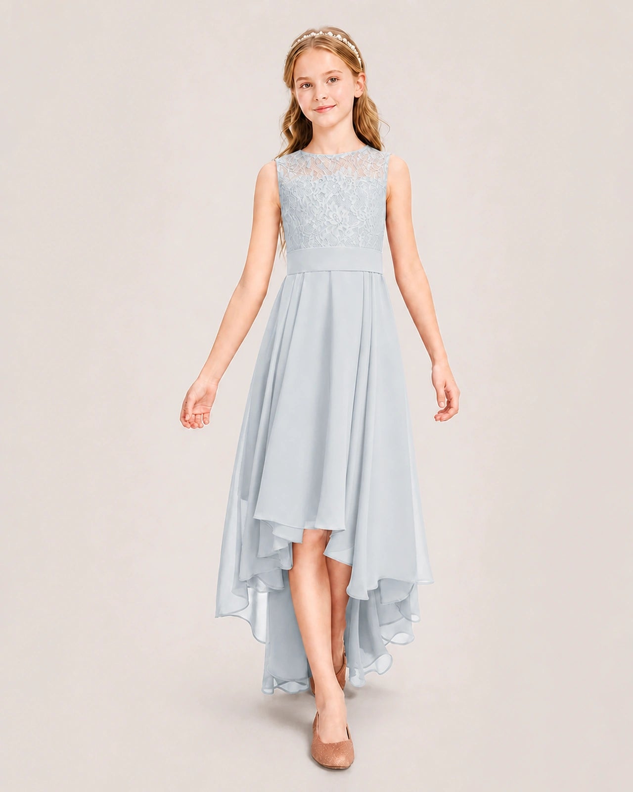 Mist Junior Bridesmaid Dress Lace Bodice Asymmetrical Chiffon Floor-Length Gown Front View