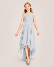 Mist Junior Bridesmaid Dress Lace Bodice Asymmetrical Chiffon Floor-Length Gown Front View