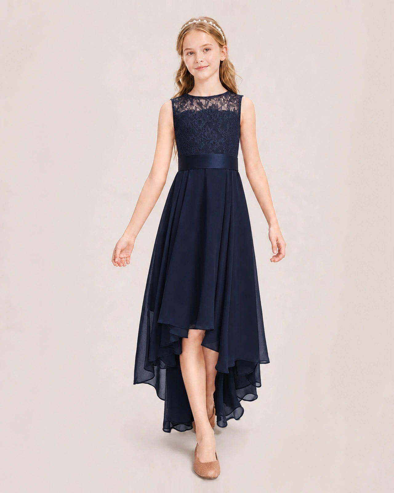 Navy Blue Junior Bridesmaid Dress Lace Bodice Asymmetrical Chiffon Floor-Length Gown Front View