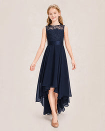 Navy Blue Junior Bridesmaid Dress Lace Bodice Asymmetrical Chiffon Floor-Length Gown Front View
