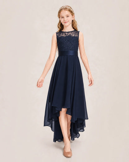 Navy Blue Junior Bridesmaid Dress Lace Bodice Asymmetrical Chiffon Floor-Length Gown Front View