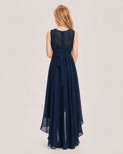 Navy Blue Junior Bridesmaid Dress Lace Bodice Asymmetrical Chiffon Floor-Length Gown Back View