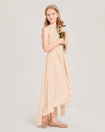 Peach Junior Bridesmaid Dress Lace Bodice Asymmetrical Chiffon Floor-Length Gown Side View