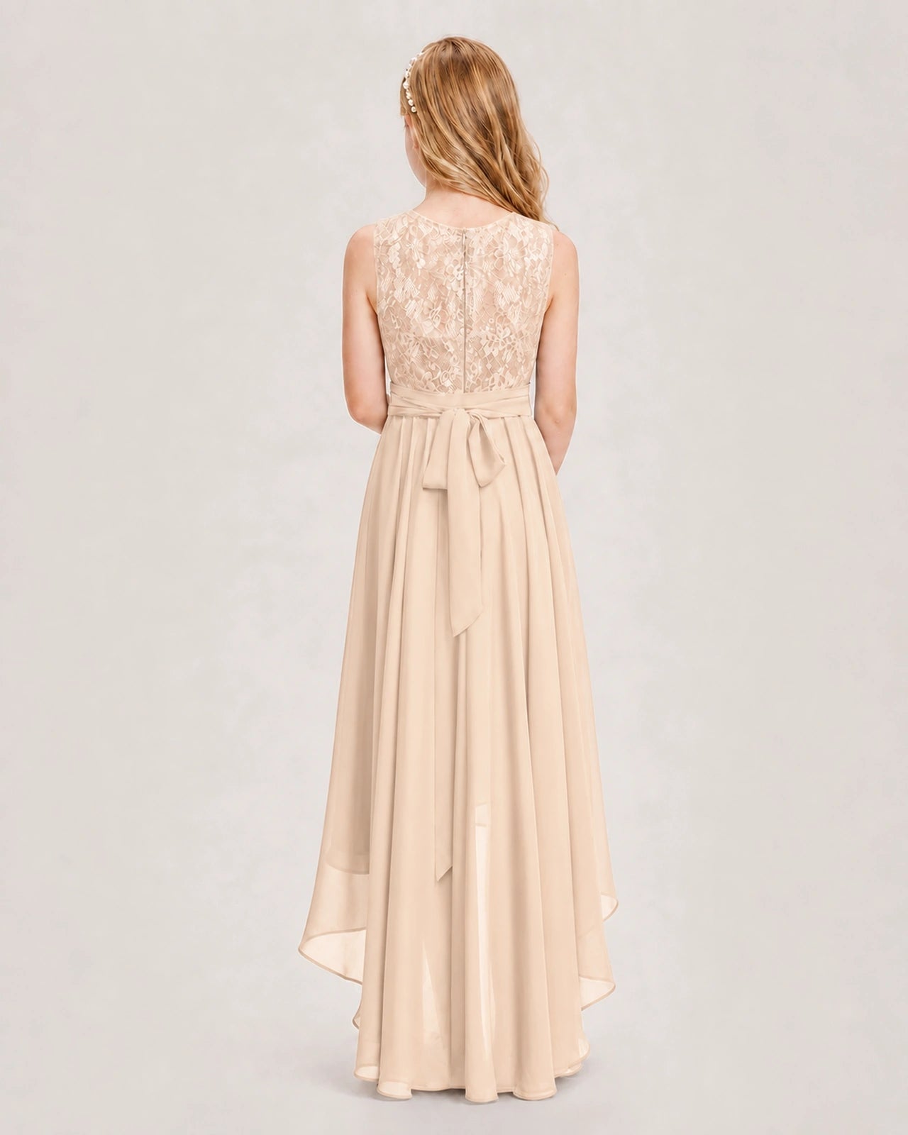 Peach Junior Bridesmaid Dress Lace Bodice Asymmetrical Chiffon Floor-Length Gown Back View