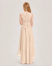 Peach Junior Bridesmaid Dress Lace Bodice Asymmetrical Chiffon Floor-Length Gown Back View