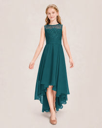 Peacock Junior Bridesmaid Dress Lace Bodice Asymmetrical Chiffon Floor-Length Gown Front View
