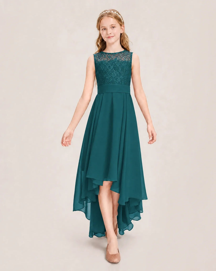 Peacock Chiffon High Low Junior Bridesmaid Dress Front View