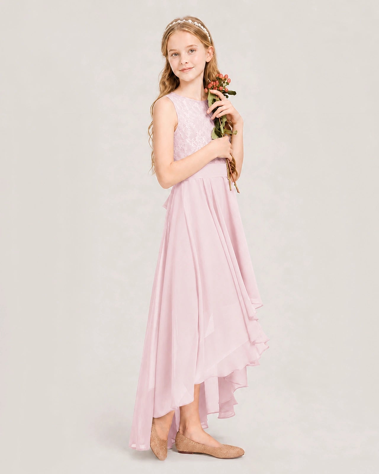 Pink Junior Bridesmaid Dress Lace Bodice Asymmetrical Chiffon Floor-Length Gown Side View