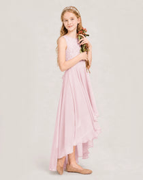 Pink Junior Bridesmaid Dress Lace Bodice Asymmetrical Chiffon Floor-Length Gown Side View