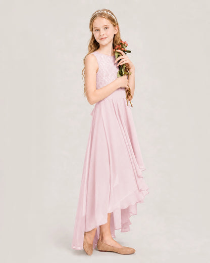 Pink Junior Bridesmaid Dress Lace Bodice Asymmetrical Chiffon Floor-Length Gown Side View