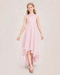 Pink Junior Bridesmaid Dress Lace Bodice Asymmetrical Chiffon Floor-Length Gown Front View