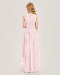 Pink Junior Bridesmaid Dress Lace Bodice Asymmetrical Chiffon Floor-Length Gown Back View
