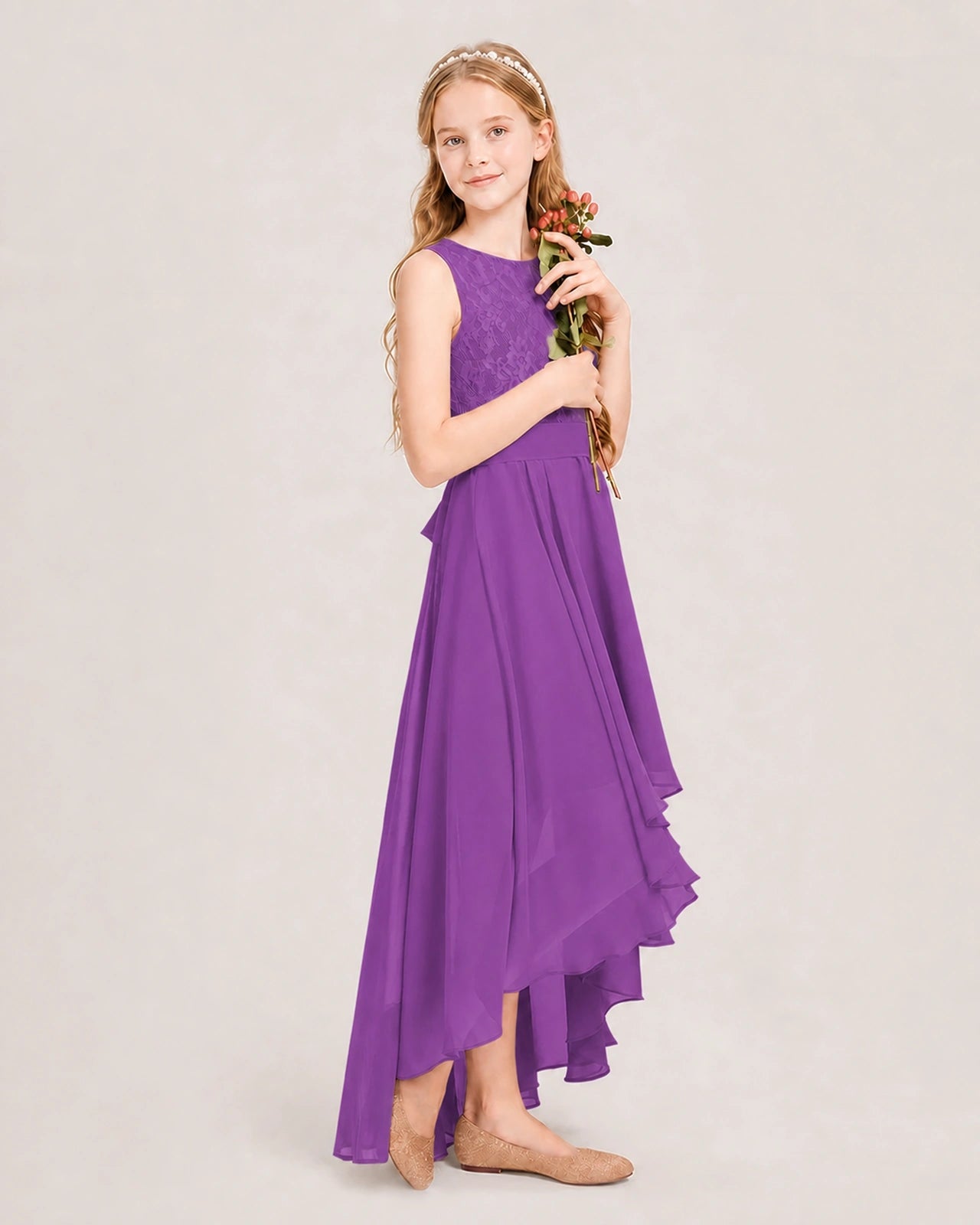 Purple Junior Bridesmaid Dress Lace Bodice Asymmetrical Chiffon Floor-Length Gown Side View