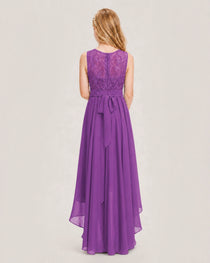 Purple Junior Bridesmaid Dress Lace Bodice Asymmetrical Chiffon Floor-Length Gown Back View