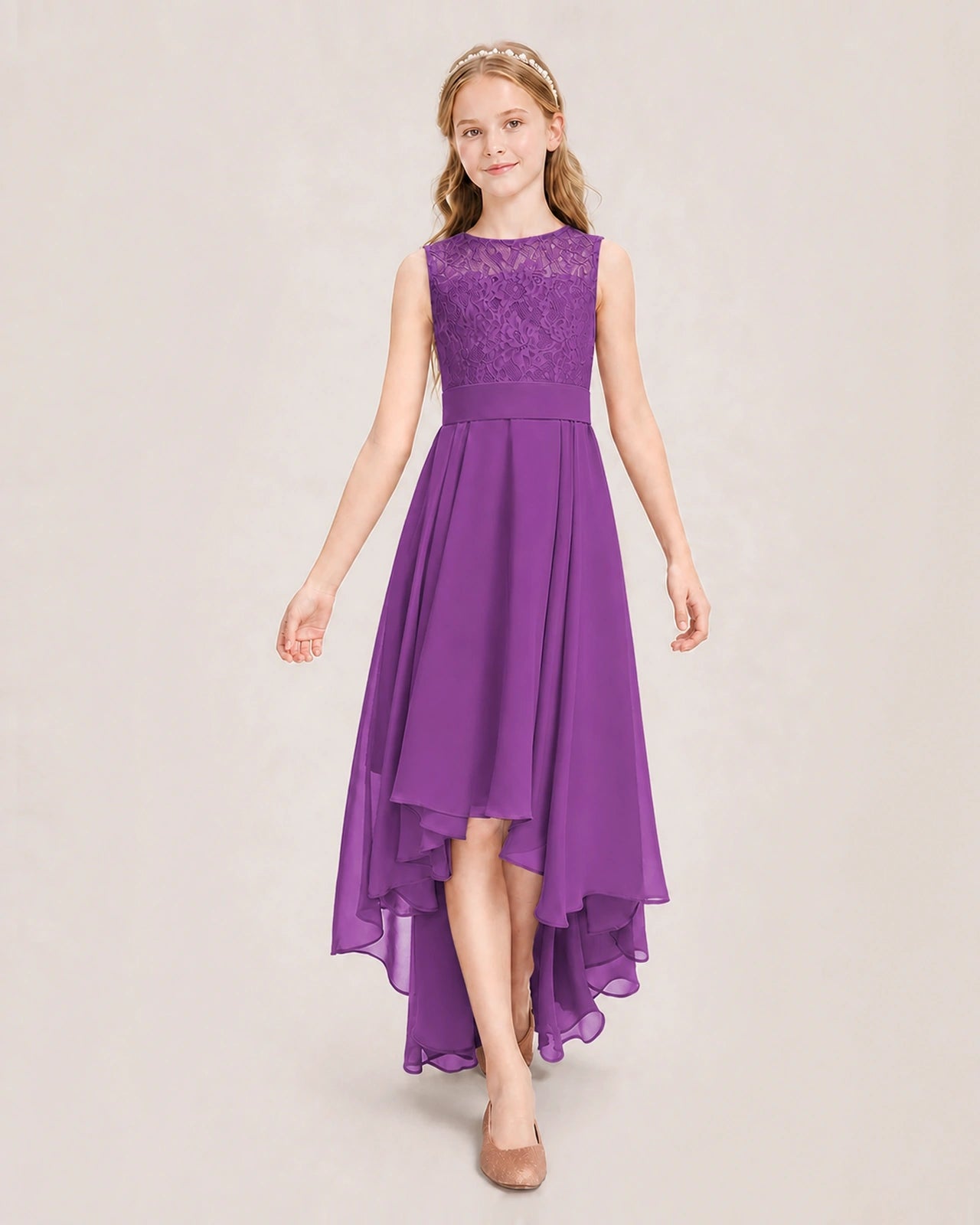 Purple Junior Bridesmaid Dress Lace Bodice Asymmetrical Chiffon Floor-Length Gown Front View