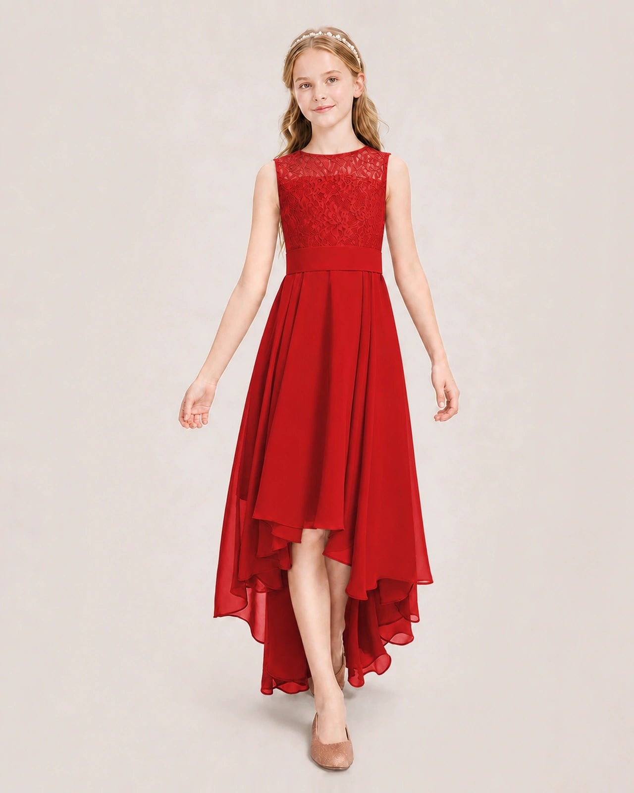 Red Junior Bridesmaid Dress Lace Bodice Asymmetrical Chiffon Floor-Length Gown Front View