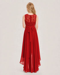 Red Junior Bridesmaid Dress Lace Bodice Asymmetrical Chiffon Floor-Length Gown Back View