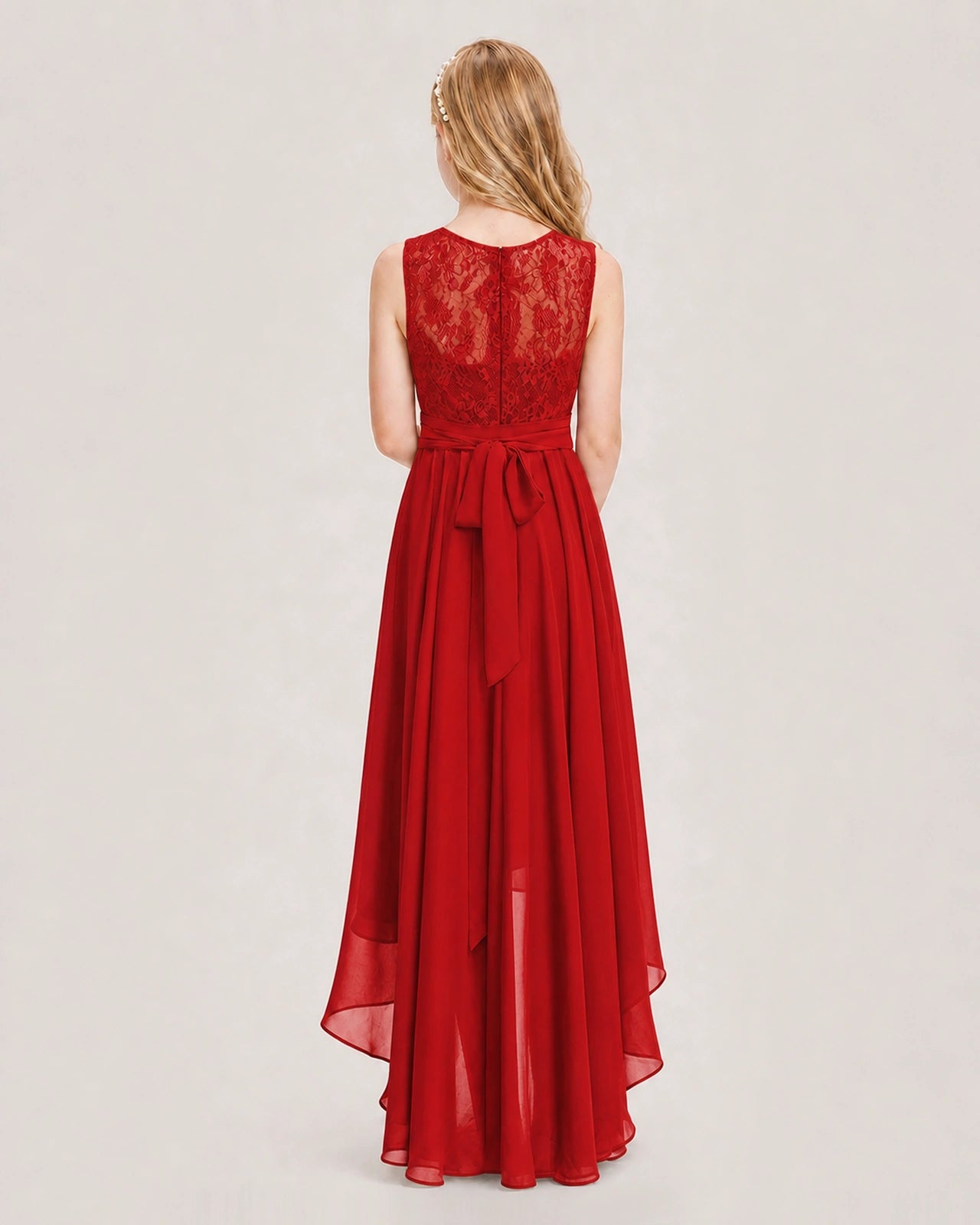 Red Junior Bridesmaid Dress Lace Bodice Asymmetrical Chiffon Floor-Length Gown Back View