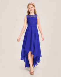 Royal Blue Junior Bridesmaid Dress Lace Bodice Asymmetrical Chiffon Floor-Length Gown Front View