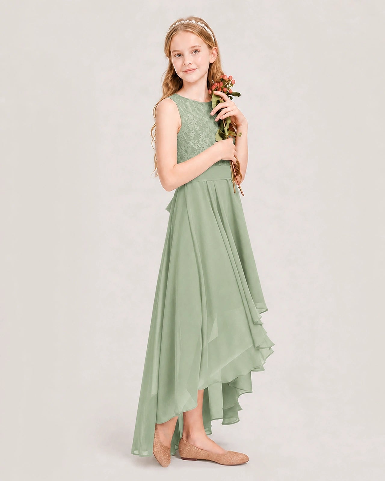 Sage Green Junior Bridesmaid Dress Lace Bodice Asymmetrical Chiffon Floor-Length Gown Side View