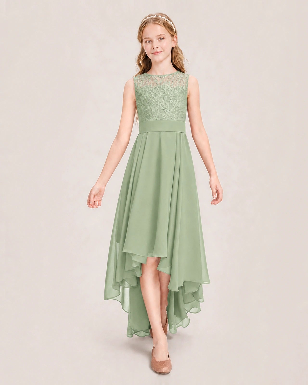 Sage Green Junior Bridesmaid Dress Lace Bodice Asymmetrical Chiffon Floor-Length Gown Front View