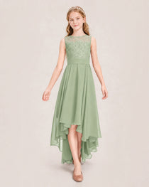 Sage Green Junior Bridesmaid Dress Lace Bodice Asymmetrical Chiffon Floor-Length Gown Front View