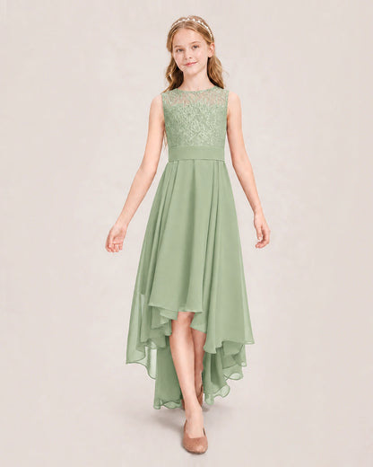 Sage Green Junior Bridesmaid Dress Lace Bodice Asymmetrical Chiffon Floor-Length Gown Front View
