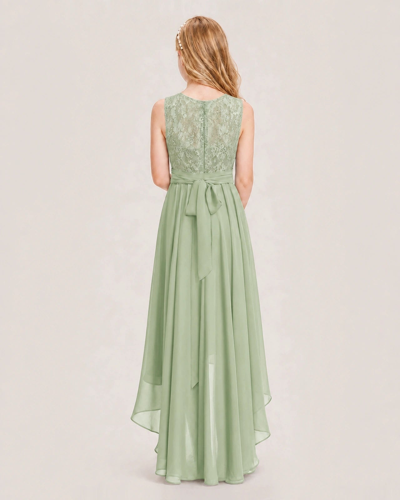 Sage Green Junior Bridesmaid Dress Lace Bodice Asymmetrical Chiffon Floor-Length Gown Back View