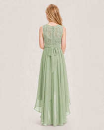 Sage Green Junior Bridesmaid Dress Lace Bodice Asymmetrical Chiffon Floor-Length Gown Back View