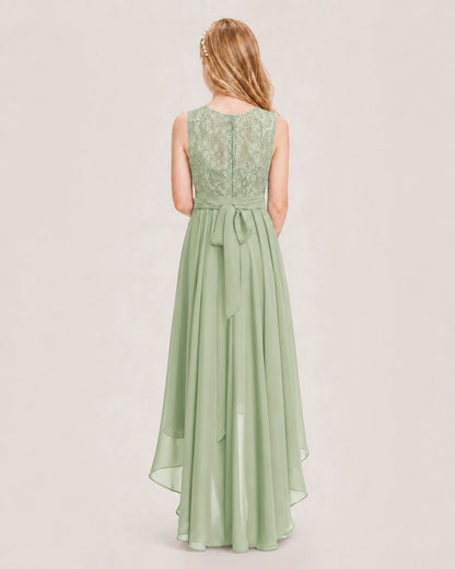 Sage Green Junior Bridesmaid Dress Lace Bodice Asymmetrical Chiffon Floor-Length Gown Back View