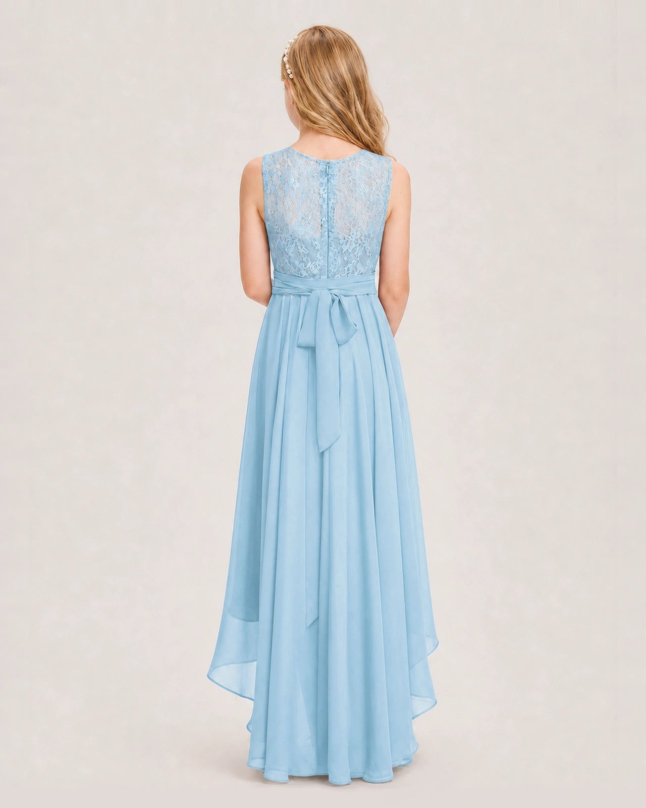 Sky Blue Junior Bridesmaid Dress Lace Bodice Asymmetrical Chiffon Floor-Length Gown Back View