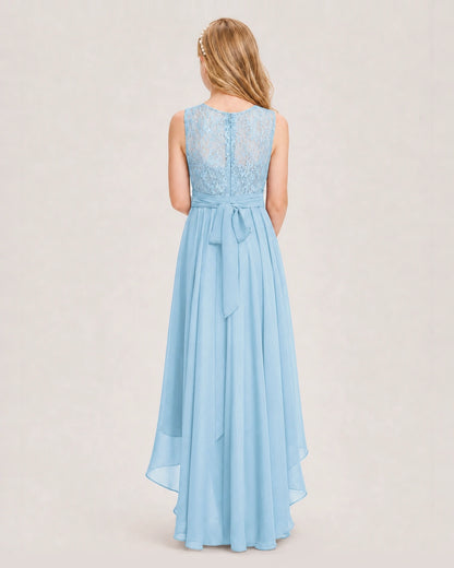 Sky Blue Junior Bridesmaid Dress Lace Bodice Asymmetrical Chiffon Floor-Length Gown Back View