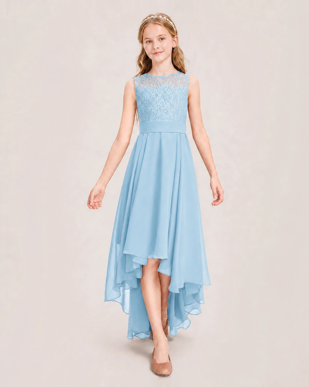 Sky Blue Junior Bridesmaid Dress Lace Bodice Asymmetrical Chiffon Floor-Length Gown Front View