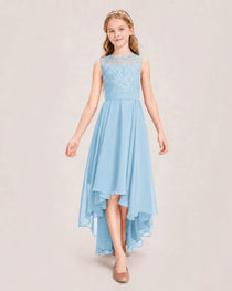 Sky Blue Junior Bridesmaid Dress Lace Bodice Asymmetrical Chiffon Floor-Length Gown Front View