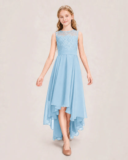 Sky Blue Junior Bridesmaid Dress Lace Bodice Asymmetrical Chiffon Floor-Length Gown Front View