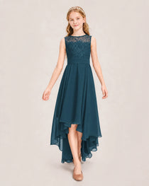 Teal Junior Bridesmaid Dress Lace Bodice Asymmetrical Chiffon Floor-Length Gown Front View
