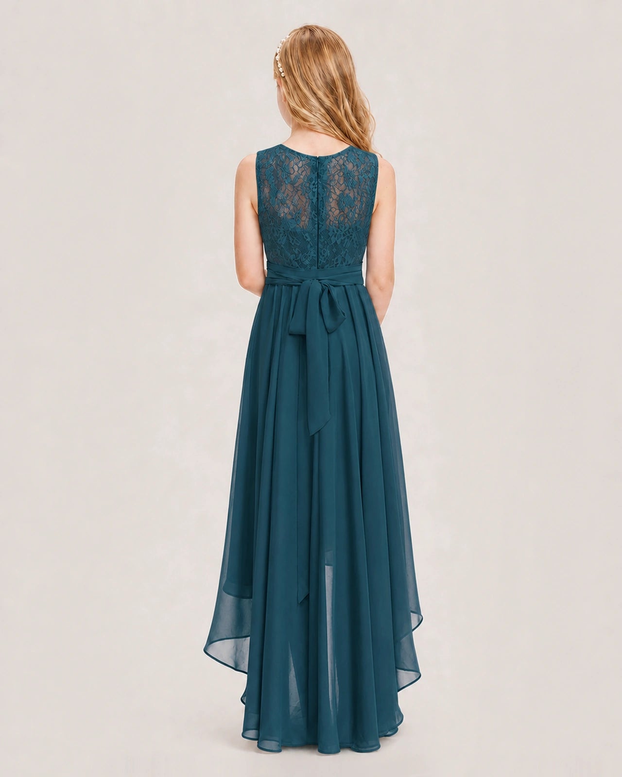 Teal Junior Bridesmaid Dress Lace Bodice Asymmetrical Chiffon Floor-Length Gown Back View